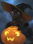 anthro black_body black_fur clothing female food fruit fur hat headgear headwear holidays inner_ear_fluff owo plant pumpkin smile solo tuft whiskers witch_hat conditional_dnp oouna halloween domestic_cat felid feline felis mammal 2018 hi_res