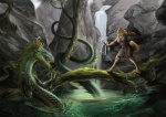 aggressive anthro detailed_background duo female feral fight horn nature outside partially_submerged tail water alectorfencer rukis asian_mythology east_asian_mythology mythology canid canine canis domestic_dog dragon eastern_dragon mammal mythological_creature mythological_scalie scalie artist_collaboration story story_in_description