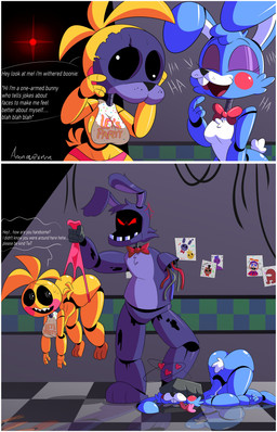 1_arm annoyed anthro aroused blue_body blue_fur breasts butt clothing dialogue embarrassed featureless_breasts female female_anthro fur group implied_arousal male male_anthro panties pink_clothing pink_panties pink_underwear pose purple_body purple_fur secretly_loves_it text trio two_panel_image underwear wedgie anonimop3rson five_nights_at_freddy's five_nights_at_freddy's_2 scottgames toy_bonnie_(fnaf) toy_chica_(fnaf) withered_bonnie_(fnaf) avian bird chicken galliform lagomorph leporid mammal phasianid rabbit robot_anthro 9:14 absurd_res colored comic digital_drawing_(artwork) digital_media_(artwork) english_text hi_res shaded