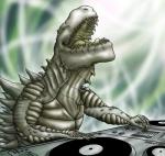 claws disc disc_jockey eyes_closed feral green_tongue grey_body grey_scales humor open_mouth record_player scales smile solo spikes teeth text tongue turntable_(decks) kalnareff godzilla_(series) toho zilla reptile scalie 2010 english_text