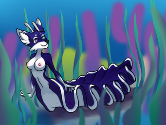 anthro areola blurred_background breasts female fur gloves_(marking) hands_at_sides heterochromia markings multicolored_body nipples nude purple_body purple_fur seaweed smile solo text two_tone_body underwater water white_body kaorisorahoshi mermay tanti aquatic aquatic_gastropod canid canine fox gastropod hybrid mammal mollusk nudibranch nudibranch_merfolk sea_slug slug 2022 4:3 artist_name digital_drawing_(artwork) digital_media_(artwork) shaded signature watermark widescreen