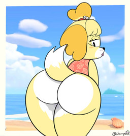anthro beach blush blush_stickers butt eyelashes female long_eyelashes solo cherrym0nr animal_crossing nintendo isabelle_(animal_crossing) canid canine canis domestic_dog mammal hi_res