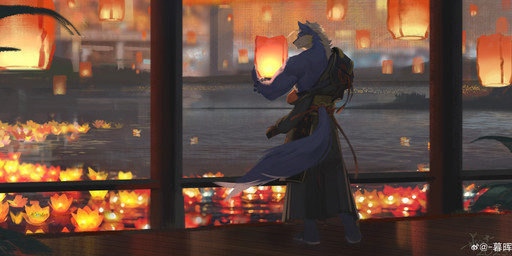 anthro blue_body blue_eyes blue_fur blue_tail clothed clothing fur hair inside lamp lantern male male_anthro mouth_closed muscular muscular_anthro muscular_male night rear_view short_hair solo standing tail text water white_body white_fur white_hair awaldkize canid canine mammal absurd_res english_text hi_res