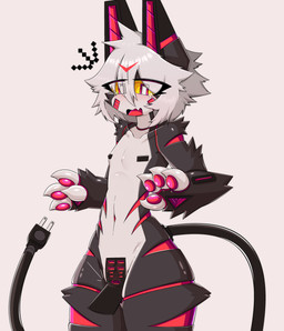 4_fingers anthro arm_markings arm_tuft black_body black_fur bodily_fluids collarbone cord_tail cute_fangs ear_markings elbow_tuft electronics emanata eye_through_hair eyebrow_through_hair eyebrows facial_tuft fangs fingers fur glistening glistening_body hair leg_markings looking_down machine male markings modular_genitalia navel nipple_tape pasties pawpads power_cord red_eyes red_inner_ear red_markings red_pawpads red_tongue shoulder_tuft simple_background solo surprised tape tears teeth tongue translucent translucent_hair tuft usb usb_port white_background white_body white_eyes white_hair yellow_sclera gaogomon felid feline hybrid mammal robot absurd_res hi_res portrait three-quarter_portrait