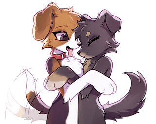 anthro black_nose brown_eyes cheek_tuft chest_tuft collar collar_only duo eyelashes eyes_closed facial_tuft female floppy_ears fur happy head_tuft looking_at_another multicolored_body multicolored_fur nude open_mouth red_collar side_view simple_background smile snout tail tail_motion tailwag tongue tongue_out tuft white_background 3rdperson_iz canid canine canis domestic_dog mammal colored digital_drawing_(artwork) digital_media_(artwork) shaded