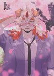 anthro blush cherry_blossom clip_accessory eyewear flower glasses looking_away loose_shirt loose_tie male plant prunus_(flower) shy solo the_lycander arknights hypergryph studio_montagne hung_(arknights) canid canine mammal digital_media_(artwork) hi_res