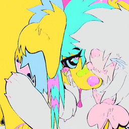 >_< alternative_fashion ambiguous_gender bite blood bodily_fluids coontail_hair duo eyes_closed feral fur glamfur scene_(fashion) scene_haircut shoulder_bite sparklefur white_body white_fur yellow_body yellow_fur fr34kpet 4lung four_lung wynter_(fr34kpet) canid canine canis domestic_dog mammal 1:1 2022 aliasing colorful_theme digital_media_(artwork)