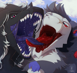 anthro black_body bodily_fluids duo entwined_tongues fangs fur grey_body grey_fur half-closed_eyes horn looking_at_viewer male mouth_shot narrowed_eyes open_mouth saliva saliva_string simple_background smile smug smug_face smug_grin teasing teasing_viewer teeth teeth_showing tongue tongue_out seregore mythology dragon furred_dragon furred_scalie hybrid mythological_creature mythological_scalie scalie absurd_res cel_shading hi_res shaded