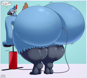 air_inflation air_pump anthro beak bent_over big_butt blue_body blue_feathers bubble_butt butt butt_expansion creaking dialogue expansion feather_hands feathers hose hose_in_butt hose_inflation huge_butt hyper hyper_butt inflation looking_at_viewer looking_back looking_back_at_viewer male nude onomatopoeia pump rear_view smile solo sound_effects speech_bubble swelling tail tail_feathers text thick_thighs day-tripper-guy breath_of_the_wild nintendo the_legend_of_zelda kass_(tloz) avian rito 2019 absurd_res digital_media_(artwork) english_text hi_res