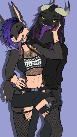 anthro black_sclera clothing duo female fishnet_clothing fishnet_legwear fishnet_topwear horn legwear male male/female tongue tongue_out topwear nova_bold mythology dragon felid feline lynx mammal mythological_creature mythological_scalie scalie 9:16 flat_colors hi_res