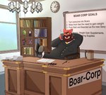 anthro bar_phone beard biped bookshelf boss cellphone cigar clock clothed clothing detailed_background electronics facial_hair figurine fur furniture male obese office overweight phone red_body red_fur ringed_eyes solo text window yellow_eyes yellow_sclera bottlebear eberhardt mammal suid suina sus_(pig) wild_boar 2019 digital_drawing_(artwork) digital_media_(artwork) english_text hi_res