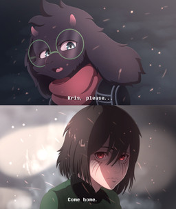 abstract_background anthro bangs big_glasses black_body black_fur blue_eyes clothing dark_hair duo eye_contact eyewear facial_markings fangs floppy_ears fluffy fluffy_hair fur glasses green_clothing green_eyewear green_glasses hair head_markings head_tuft horn light looking_at_another looking_at_partner looking_at_viewer male markings parody particles red_eyes scarf shirt small_horn talking_to_another talking_to_partner teeth text topwear tuft segno attack_on_titan deltarune undertale_(series) kris_dreemurr ralsei bovid caprine darkner goat human mammal absurd_res colored crossover english_text hi_res lighting shaded