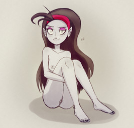 accessory bedroom_eyes black_hair breasts butt eyeshadow fangs feet female hair half-closed_eyes headband humanoid_pointy_ears long_hair looking_at_viewer makeup narrowed_eyes nipples not_furry nude pointy_ears red_eyes seductive simple_background sitting solo teeth toes kt-draws the_baskervilles fangora_dracula humanoid vampire hi_res