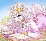 anthro blue_eyes clothed clothing female glistening glistening_eyes hair horn long_hair lying on_front outside reading smile solo tail white_body white_hair white_horn white_tail tiggybloom mythology miorjah_(pandsky) equid equine mammal mythological_creature mythological_equine unicorn 2020 dated