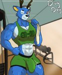 abs anthro antlers athletic_wear blue_body blue_fur bodily_fluids bottomwear bulge clothed clothing detailed_bulge dialogue fur genital_outline genitals green_bottomwear green_clothing green_topwear gym gym_bottomwear gym_shorts horn looking_at_viewer male multicolored_body multicolored_fur muscular muscular_male nipple_outline pecs penis_outline red_eyes shirt shorts smile solo speech_bubble sweat tank_top throbbing throbbing_bulge topwear towel towel_on_shoulder two_tone_body two_tone_fur dugdog animal_crossing nintendo bam_(animal_crossing) deer mammal digital_media_(artwork) hi_res signature