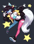 anthro blue_eyes bottomwear bra breasts brown_hair clothing eyewear female fingers footwear fur glasses hair looking_at_viewer navel pants shoes solo tail underwear white_body white_fur white_tail azuu canid canine mammal 2025 digital_media_(artwork) hi_res