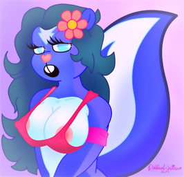 accessory anthro blue_body blue_eyes blue_fur blue_hair breasts clothed clothing erect_nipples female flower flower_in_hair fur hair hair_accessory looking_at_viewer nipples nipples_visible_through_clothing partially_clothed plant solo robbiewallace happy_tree_friends petunia_(htf) digital_media_(artwork)