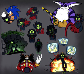 anthro belt_buckle black_body bodily_fluids buckle claws clothing creepy_face creepy_smile duo ear_tuft electronics evil_laugh explosion facial_hair feet female feral finger_claws fishing_rod gesture gloves green_eyes green_sclera green_tongue hand_gesture hand_outstretched handwear lit_from_behind long_ears machine male markings military_outfit monitor multi_eye multi_jaw mustache one_eye_obstructed one_fang overweight pointy_ears red_feet red_hands red_markings round_body running_away saliva scary sharp_teeth smile smoke solo sparkles striped_arms teeth tentacles thumbs_up toe_claws tongue tuft invdrscar sega sonic_boom sonic_the_hedgehog_(series) big_the_cat dr._eggman plagg_(invdrscar) sonic_the_hedgehog sticks_the_jungle_badger alien badger black_arms_(sonic) domestic_cat eulipotyphlan felid feline felis hedgehog human mammal mustelid musteline absurd_res hi_res