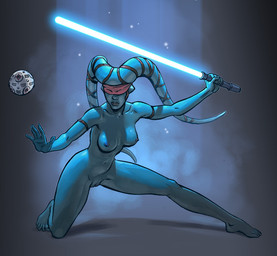 areola armband blindfold blue_body blue_lightsaber blue_skin breasts collarbone feet female genitals glistening glistening_breasts innie_vulva kneeling lekku_(anatomy) lightsaber melee_weapon navel nipples not_furry nude solo training vulva weapon purr-hiss star_wars aayla_secura alien alien_humanoid humanoid twi'lek 2017
