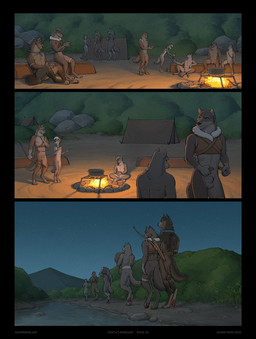 3_toes 4_fingers adolescent_anthro animal_genitalia anthro balls belt black_nose bottomless bottomless_anthro bottomless_male bow_(weapon) bowl brown_body brown_fur butt campfire casual_exposure casual_nudity clothed clothing container feet female fingers fire firelight flat_chested foot_wraps fur genitals grey_body grey_fur group hindpaw humanoid_hands male night nude nude_anthro nude_female nude_male page_number paws ranged_weapon sheath sitting social_nudity standing tail tent text toes topwear tribal vest walking weapon wraps young young_anthro young_female zaush beck_(zaush) decker_(zaush) ezra_(zaush) lance_(zaush) marin_(zaush) nub_(zaush) riktor_(zaush) tanta_(zaush) varta_(zaush) canid canine canis mammal wolf 2025 comic english_text hi_res father_(lore) father_and_child_(lore) father_and_son_(lore) parent_(lore) parent_and_child_(lore) parent_and_son_(lore) son_(lore)