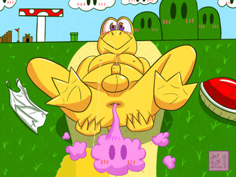 anthro anus balls blush bodily_fluids clothing exhibitionism fart fart_cloud fart_fetish feet flag foreskin genital_fluids genitals grass lying male nude on_back penis plant purple_eyes red_shell shell shirt sky solo spread_anus spreading tank_top topwear urine watersports yellow_body yellow_skin jackfex mario_bros nintendo koopa koopa_troopa scalie hi_res