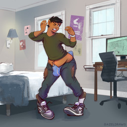 bed bedding bedroom blanket bodily_fluids bracelet brown_body brown_fur buckteeth bulge chair clothed clothing computer cum cum_stain desk ear_expansion electronics erection erection_under_clothing expansion feral fur fur_growth furniture genital_fluids growth inside jewelry male mid_transformation monitor office_chair one_eye_closed open_mouth pillow poster precum precum_through_clothing reality_shift solo table tail tail_growth tail_growth_in_pants tail_tenting teeth torn_clothing transformation underwear wet wet_clothing window azeldraws asinus donkey equid equine human hybrid mammal 1:1 hi_res