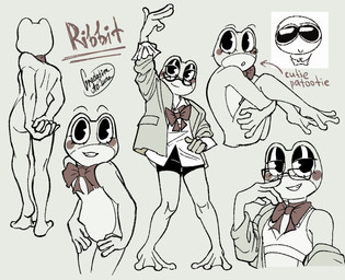 anthro blush bottomwear bow_tie bra butt clothed clothing curvy_figure eyewear feet female glasses glistening_eyelids jacket long_fingers membrane_(anatomy) mostly_nude open_clothing open_jacket open_topwear selective_coloring shorts toes topwear underwear webbed_feet gradatimadluna glitch_productions the_amazing_digital_circus ribbit_(tadc) amphibian frog hi_res restricted_palette signature