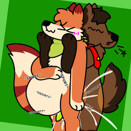 abdominal_bulge accessory anal anal_penetration anthro belly big_belly big_tail blush bodily_fluids brown_body brown_fur cum cum_inflation cum_inside cum_on_leg duo ejaculation excessive_cum excessive_genital_fluids fur genital_fluids genitals inflation kerchief knot knotted_penis knotting leaking_cum male male/male necktie orange_body orange_fur paws penetration penis sex tail doug_polaris axel_bridges dougpolaris canid canine canis fox mammal maned_wolf wolf 1:1 absurd_res hi_res