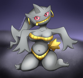 anthro bikini breasts claws clothing ear_piercing ear_ring female grey_body kneeling looking_at_viewer navel piercing pink_eyes ring_piercing smile smiling_at_viewer solo swimwear text two-piece_swimsuit yellow_body zipper zipper_mouth domedvortex nintendo pokemon banette generation_3_pokemon pokemon_(species) artist_name hi_res
