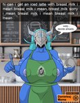 anthro apron apron_only areola areola_slip armor barista big_breasts big_butt blue_body blue_eyes blush bodily_fluids breasts butt clothing container cup curvy_figure dialogue dialogue_box female hair headgear helmet holding_container holding_cup holding_object holding_pen huge_breasts logo mature_female mostly_nude nipples non-mammal_breasts pen scales solo speech_bubble sweat sweatdrop talking_to_viewer teal_hair text thick_thighs voluptuous wide_hips danielssj bandai_namco digimon i_mean_breast_milk aria_(danielssj) digimon_(species) wargreymon 2021 digital_media_(artwork) english_text hi_res meme