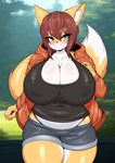 anthro areola_outline belly big_belly big_breasts black_clothing black_nose black_topwear blue_eyes blush bottomwear breasts brown_hair clothing curvy_figure detailed_background eyebrows female fluffy fluffy_tail hair hoodie huge_breasts inner_ear_fluff kemono mouth_closed multicolored_body navel_outline nipple_outline short_hair shorts slightly_chubby solo standing tail thick_eyebrows thick_thighs topwear tuft two_tone_body white_body wide_hips yellow_body tailzkim hana_(keep0621) canid canine fox mammal 2025 absurd_res hi_res