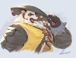 anthro asian_clothing asian_conical_hat bell bracelet chinese_clothing clothing east_asian_clothing eyewear fur glasses hat headgear headwear jewelry male multicolored_body multicolored_fur open_mouth overweight pawpads solo spiked_bracelet spikes yawn kuromonsart mihoyo zenless_zone_zero pan_yin_hu bear giant_panda mammal 2025 bust_portrait hi_res portrait