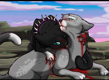 big_claws black_bars black_body black_fur blood blood_drip blood_from_mouth blood_in_mouth blood_on_claws blood_on_ground blood_on_hand blood_on_neck blue_eyes blush bodily_fluids claws cloud collar dangerous dripping duo ears_down eye_roll feral freckles fur fuzzy grass grey_body grey_fur half-closed_eyes licking looking_at_viewer looking_up lying male male/male narrowed_eyes neck_grab neck_lick nosebleed on_ground outside pivoted_ears plant purple_collar questionable_consent sitting sky spiked_collar spikes submissive submissive_male sweat sweatdrop tail tongue tongue_out wounded ipann warriors_(book_series) ashfur_(thunderclan) scourge_(warriors) domestic_cat felid feline felis mammal 2012 letterbox