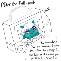 ambiguous_feral ambiguous_gender blue_body blue_fur blush blush_lines chibi detailed_eyes dialogue feral food fur hair happy hooves offscreen_character open_mouth open_smile purple_eyes smile solo taco text toy_car white_hair white_hooves young young_ambiguous young_feral yellowcottoncandy030 fluffy_pony fluffy_pony_(species) mammal 1:1 2025 digital_media_(artwork) english_text hi_res