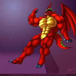 abs anthro back_wings biceps big_muscles big_pecs black_hair calf_muscles claws cocky cocky_smile flexing flexing_bicep green_hair hair male muscular muscular_anthro muscular_male pecs quads red_body red_scales scales solo tail text trapezius wings yellow_body yellow_scales ivore american_dragon:_jake_long disney mythology jake_long dragon mythological_creature mythological_scalie scalie 1:1 hi_res url