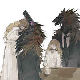 accessory anthro black_body black_clothing black_necktie black_suit blonde_hair bodily_fluids brown_eyes brown_hair clothing dessert dress duo eyebrow_through_hair eyebrows fangs female food furniture glowing glowing_eyes hair kerchief larger_anthro larger_male long_dress long_hair long_snout looking_into_mouth male necktie nervous nervous_sweat purple_eyes simple_background size_difference smaller_female smaller_human snout suit sweat sweatdrop table teeth translucent translucent_hair white_background white_clothing white_dress white_kerchief luoyerrrrr limbus_company project_moon catherine_(limbus_company) heathcliff_(limbus_company) canid canine distortion_(project_moon) human mammal 1:1 2026 hi_res