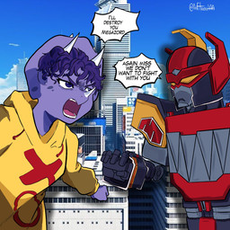 ambiguous_gender annoyed anthro city city_background clothed clothed_anthro clothed_female clothing cloud curly_hair day detailed_background dialogue duo facial_horn female fingers fist frill_(anatomy) hair hoodie horn humanoid_hands machine markings open_mouth outside purple_body purple_eyes purple_hair short_hair sky speech_bubble spots spotted_markings talking_to_another text threatening topwear yelling yellow_clothing yellow_hoodie yellow_topwear anfitrionaaa goodbye_volcano_high ko_op_(game_developer) power_rangers megazord trish_(gvh) ceratopsian ceratopsid chasmosaurine dinosaur marginocephalian ornithischian prehistoric_species reptile robot scalie triceratops 1:1 absurd_res artist_name colored english_text hi_res shaded