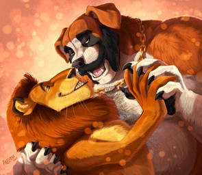 anthro arm_hair barazoku body_hair chest_hair duo eye_contact facial_hair hand_holding husband jewelry looking_at_another male male/male male_anthro mane mature_male muscular muscular_anthro muscular_male mustache mutton_chops necklace partners romantic romantic_couple vera-panthera dreamworks madagascar_(series) alex_(madagascar) diego_(daddy_diego) canid canine canis domestic_dog felid lion mammal molosser mountain_dog pantherine saint_bernard absurd_res hi_res