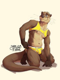 anthro areola athletic athletic_anthro athletic_male briefs brown_eyes bulge clothed clothing crouching feet fingers front_view hand_on_hip humanoid_feet humanoid_hands kneeling kneeling_on_ground logo looking_aside male navel nipples on_ground one_hand_on_floor pecs plantigrade pose simple_background skimpy smile solo tail tan_background text toes topwear underwear whiskers yellow_briefs yellow_clothing yellow_topwear yellow_underwear senor_nutria rudderbutts mike_(rudderbutts) mammal mustelid otter river_otter artist_logo artist_name hi_res pinup