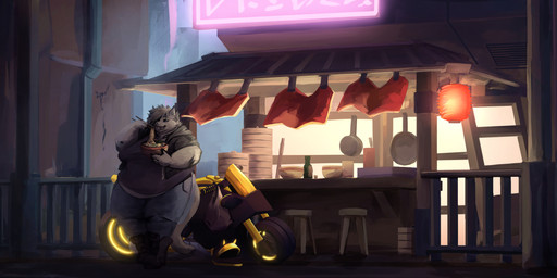 anthro belly belly_overhang big_belly big_breasts black_boots black_clothing black_footwear black_jacket black_shirt black_topwear boots bottomwear bowl breasts chopsticks city clothed clothing container cyberpunk denim denim_bottomwear denim_clothing detailed_background eating female food footwear fully_clothed fur furniture grey_body grey_fur grey_hair hair hair_over_eye holding_bowl holding_chopsticks holding_container holding_object jacket jeans kitchen lamp lantern leaning_on_object motorcycle neon_sign night noodles obese obese_anthro obese_female one_eye_obstructed outside overweight overweight_anthro overweight_female pants paper_lantern railing ramen shirt shoes sign solo standing stool tail thick_thighs topwear vehicle silverfang725 anna_mercury domestic_cat felid feline felis mammal 2022 absurd_res clip_studio_paint_(artwork) digital_media_(artwork) hi_res shaded