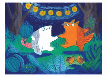 ambiguous_gender border dancing detailed_background fangs feral fur grass grey_body grey_fur group hand_holding holding_leaf horizontal_pupils leaf night orange_body orange_fur outside pink_body pink_skin pink_tail plant prehensile_tail pupils snout string_lights tail teeth tongue tongue_out toony tree whiskers white_body white_border white_fur osier_forest american_opossum amphibian arthropod frog insect mammal marsupial species_request virginia_opossum 2023 hi_res