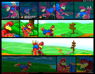 backpack beak dialogue escape feathers female feral green_eyes inside outside predator/prey raining red_body red_feathers sneaking solo text wet kitsune_youkai banjo-kazooie rareware kazooie annelid avian bird breegull earthworm worm 2013 comic english_text