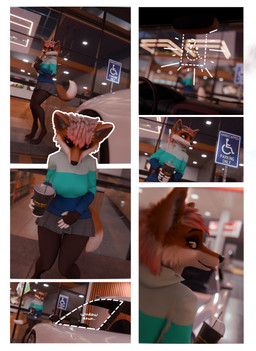 anthro beverage bottomwear car clothed clothing drinking female fur hair hand_on_crotch hoodie looking_at_viewer raised_tail skirt solo tail text tongue tongue_out topwear vehicle the_texorcist chimney_(the_texorcist) canid canine fox mammal 3d_(artwork) absurd_res comic digital_media_(artwork) english_text hi_res