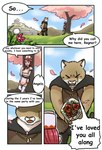 anthro blush bouquet clothed clothing confession female flower flower_bouquet holding_object male open_mouth plant speech_bubble text northwoooof regnar_(northwooof) cougar felid feline human mammal absurd_res comic english_text hi_res