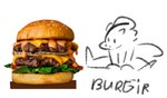 bread burger cheese dairy_products food hamburger_bun hamburger_patty lettuce looking_at_object male meat plant sauce sesame_seeds sitting solo text vegetable dumliz maliborg lizetor kobold comment_chain english_text meme sketch