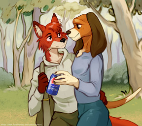 anthro duo forest forest_background male male/male nature nature_background plant tree lura_dura disney pepsi the_fox_and_the_hound copper_(tfath) tod_(tfath) canid canine canis domestic_dog fox mammal absurd_res hi_res