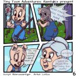 1:1 2018 comic detailed_background digital_media_(artwork) domestic_pig duo english_text female flower granny_(looney_tunes) grass hamton_j._pig hi_res hoe human lirkov looney_tunes male mammal outside park plant speech_bubble suid suina sus_(pig) text tiny_toon_adventures tools tree warner_brothers