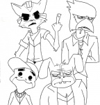 anthro beak clothing gesture group hand_gesture hat headgear headwear male middle_finger parody simple_background white_background fredryk_phox gorillaz nintendo paintchat star_fox 2d_(gorillaz) falco_lombardi fox_mccloud murdoc_niccals noodle_(gorillaz) peppy_hare russel_(gorillaz) slippy_toad avian bird canid canine fox hare lagomorph leporid mammal monochrome