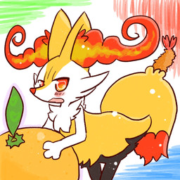 abstract_background ambiguous_anthro ambiguous_gender anthro biped blush cute_fangs dipstick_tail fangs food fruit leaning leaning_forward looking_at_viewer markings micro nude_ambiguous nude_anthro object_in_tail open_mouth orange_(fruit) plant shrimp_(food) side_view snout solo standing tail tail_markings teeth annyui0611 nintendo pokemon braixen canid generation_6_pokemon mammal pokemon_(species) 1:1 2021 colored digital_drawing_(artwork) digital_media_(artwork) hi_res japanese_description portrait three-quarter_portrait translated_description