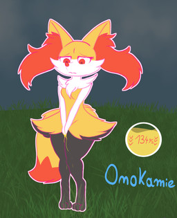 anthro bladder_meter bodily_fluids female genital_fluids holding_crotch leaking leaking_urine omorashi outside peeing solo urine watersports omokamie nintendo pokemon braixen generation_6_pokemon pokemon_(species) absurd_res hi_res